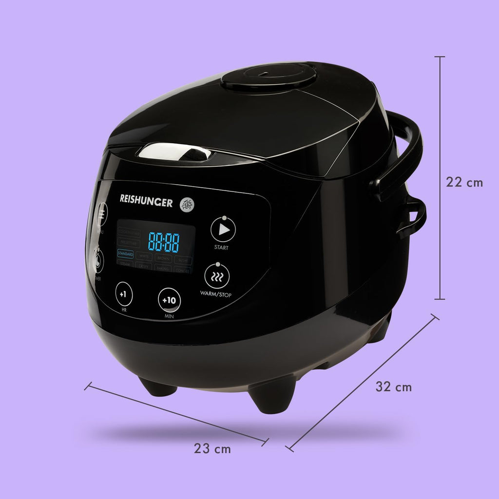 REISHUNGER Cuociriso digitale piccolo, nero | Da 0,6 L fino a 3 persone | Funzione mantenimento calore, timer e pentola premium | Multicooker e vaporiera piccoli, 8 programmi, tecnologia a 7 fasi