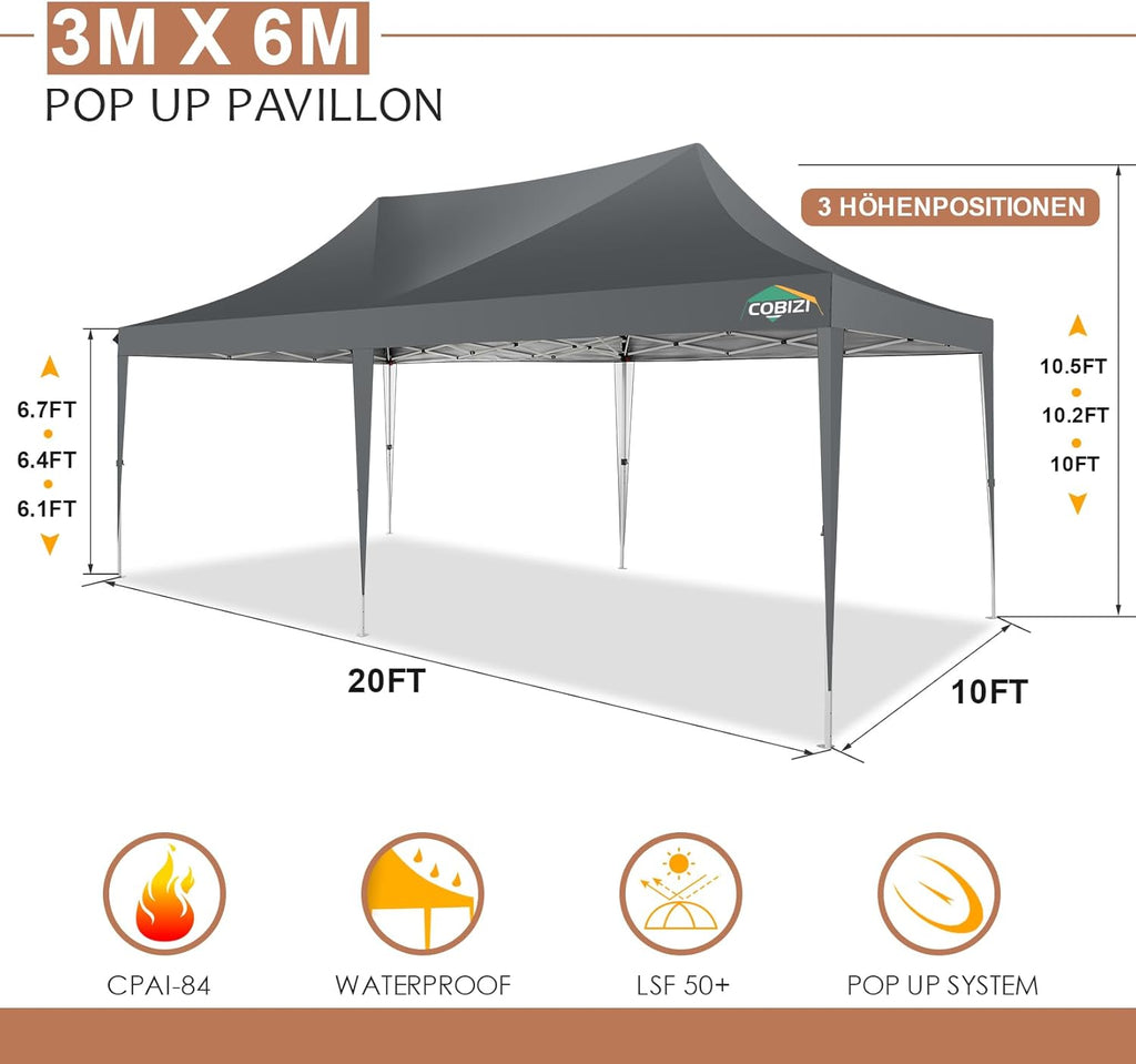 COBIZI Gazebo Pieghevole 3x6 Impermeabile Stabile con 6 Pareti Laterali, Tenda a Padiglione con Tetto a Punta, 3 Altezze Regolabili, Protezione UV, Borsa per Il Trasporto, Picchetti, Corde per Giardino, Matrimoni, Mercati, Eventi all'Aperto