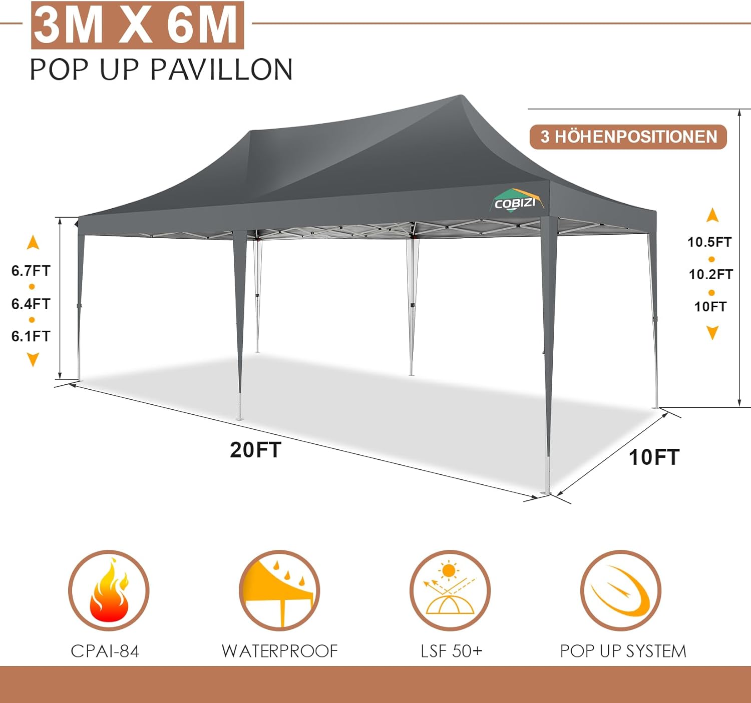 COBIZI Gazebo 3x6 Pieghevole Impermeabile Stabile con 6 Pareti Laterali a Cono Tenda per Feste 3 Altezze Regolabili Protezione UV Borsa per il Trasporto Picchetti, Corde per Giardino, Matrimoni, Mercati, Eventi all'Aperto