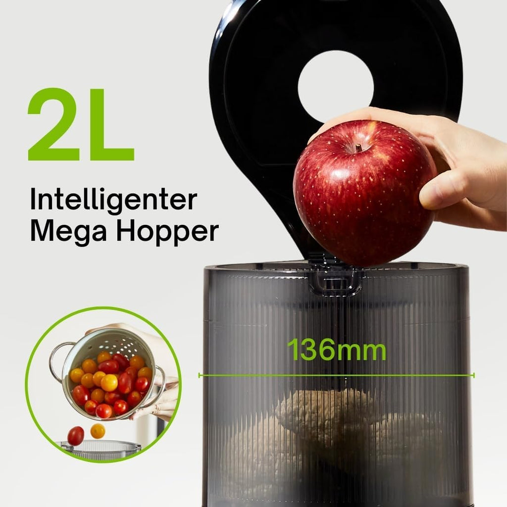 HUROM | Estrattore di succo per frutta e verdura | Slow Juicer | H320N | Spremiagrumi elettrico a freddo | Motore silenzioso | Facile da pulire | Con caraffa grande e filtro a setaccio da 2L | 200 Watt | Senza BPA | Nero