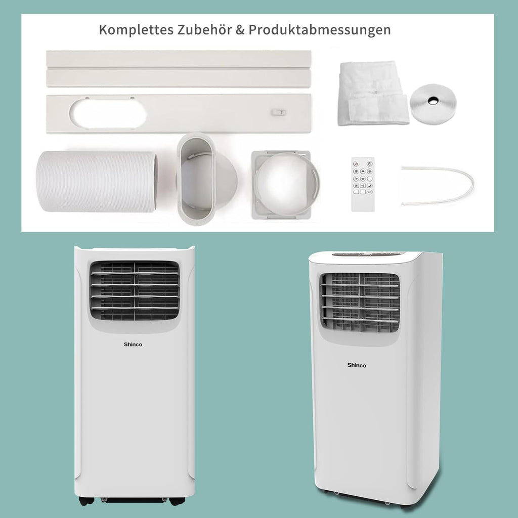 SHINCO Condizionatore Portatile con Tubo di Scarico, Climatizzatore 3-in-1 con Deumidificatore e Ventilatore, 7000BTU, 2,05 kW, Condizionatore Mobile con Modalità Notturna, Timer e Materiale di Montaggio, Ambienti Fino a 54m