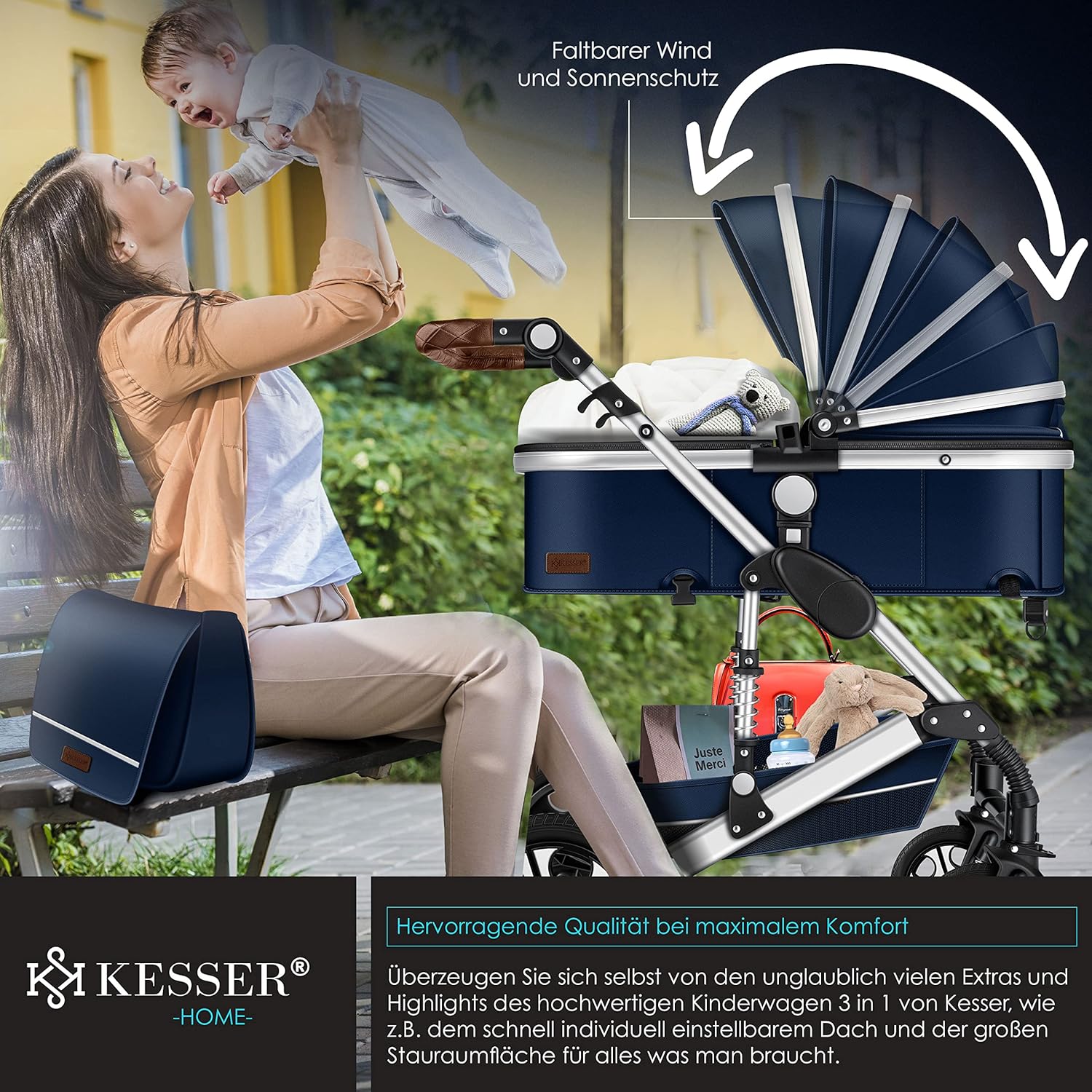 KESSER Passeggino trio Loops 3 in 1, set completo con navicella, seduta sportiva e seggiolino auto con pneumatici in gomma piena, borsa fasciatoio, parapioggia, tavolino, ECE R129, nero/champagne