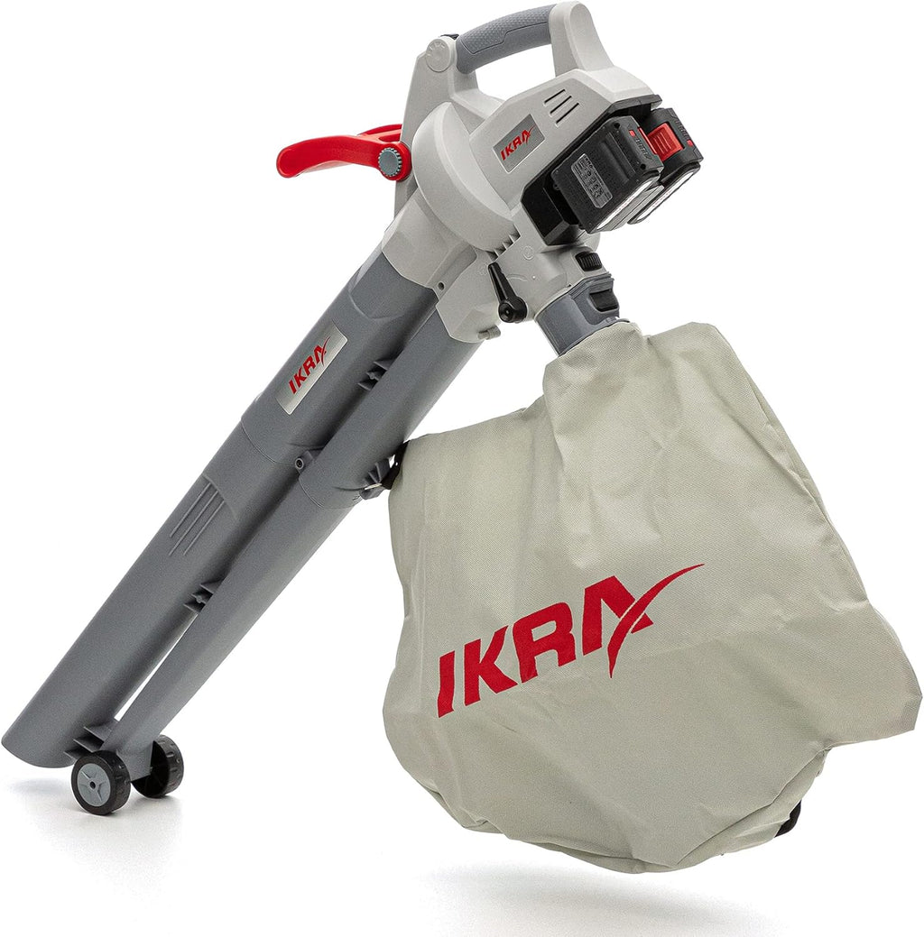 IKRA 74003200 Batteria Soffiatore Aspiratore Trituratore 3in1 ICBV 2/20 incl. 2 batterie e caricatore doppio rapido, 40 V, Grigio/Rosso
