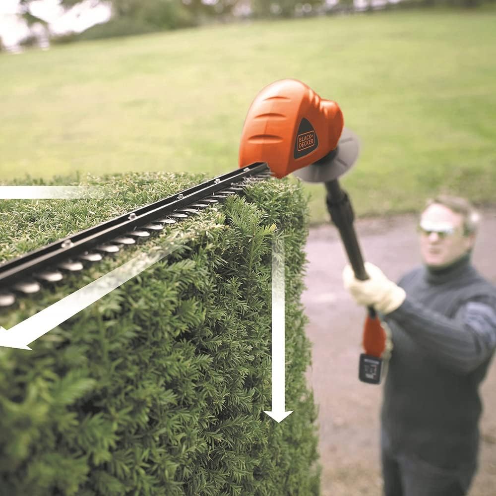 BLACK+DECKER Teleskop Heckenschere Akku Hochentaster Heckenschere elektrisch (18V 2,0Ah Li-Ion, 43 cm Schwertlänge, 12 mm Schnittbreite, 3,5 m Reichweite um 180° Verstellbarer Kopf) GTC1843L20