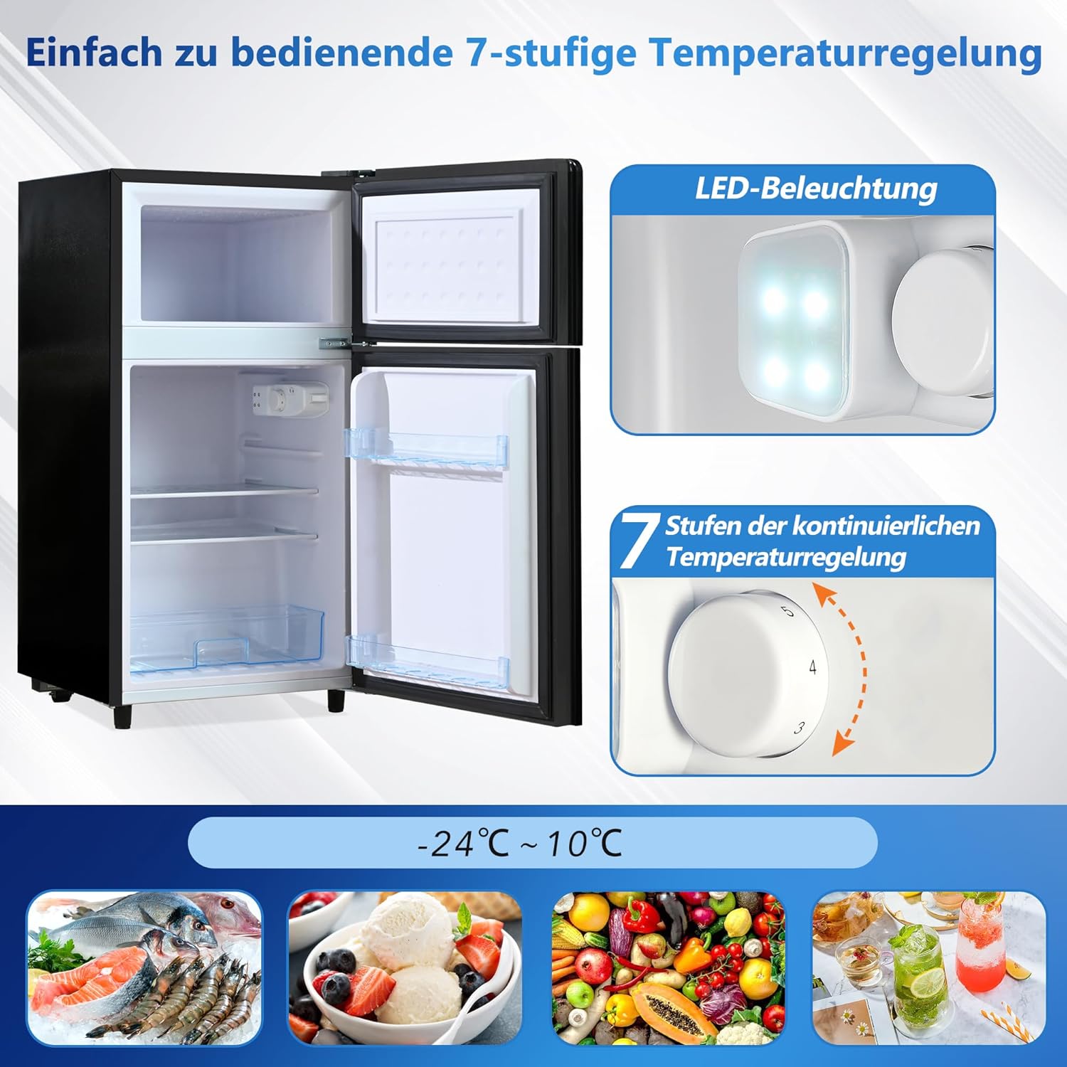 Merax Frigorifero con Congelatore, Frigorifero Combinato, Piccolo Frigorifero con 51L e Congelatore 21L, Silenzioso, LED, Ripiani in Vetro, Cassetto Verdura, Balconcini, per Cucina, Soggiorno, Ufficio, Nero