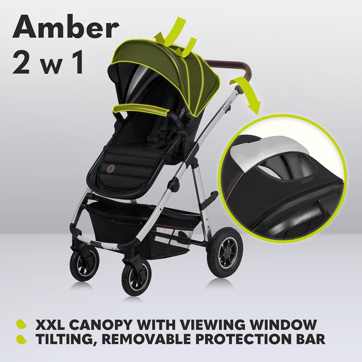 LIONELO Amber Kinderwagen 2 in 1 Kombikinderwagen, Kinderwagen Set mit sportlichen Sitz und fester Babywanne, Tasche, Moskitonetz, Abdeckung Regenblatt (Graphit)