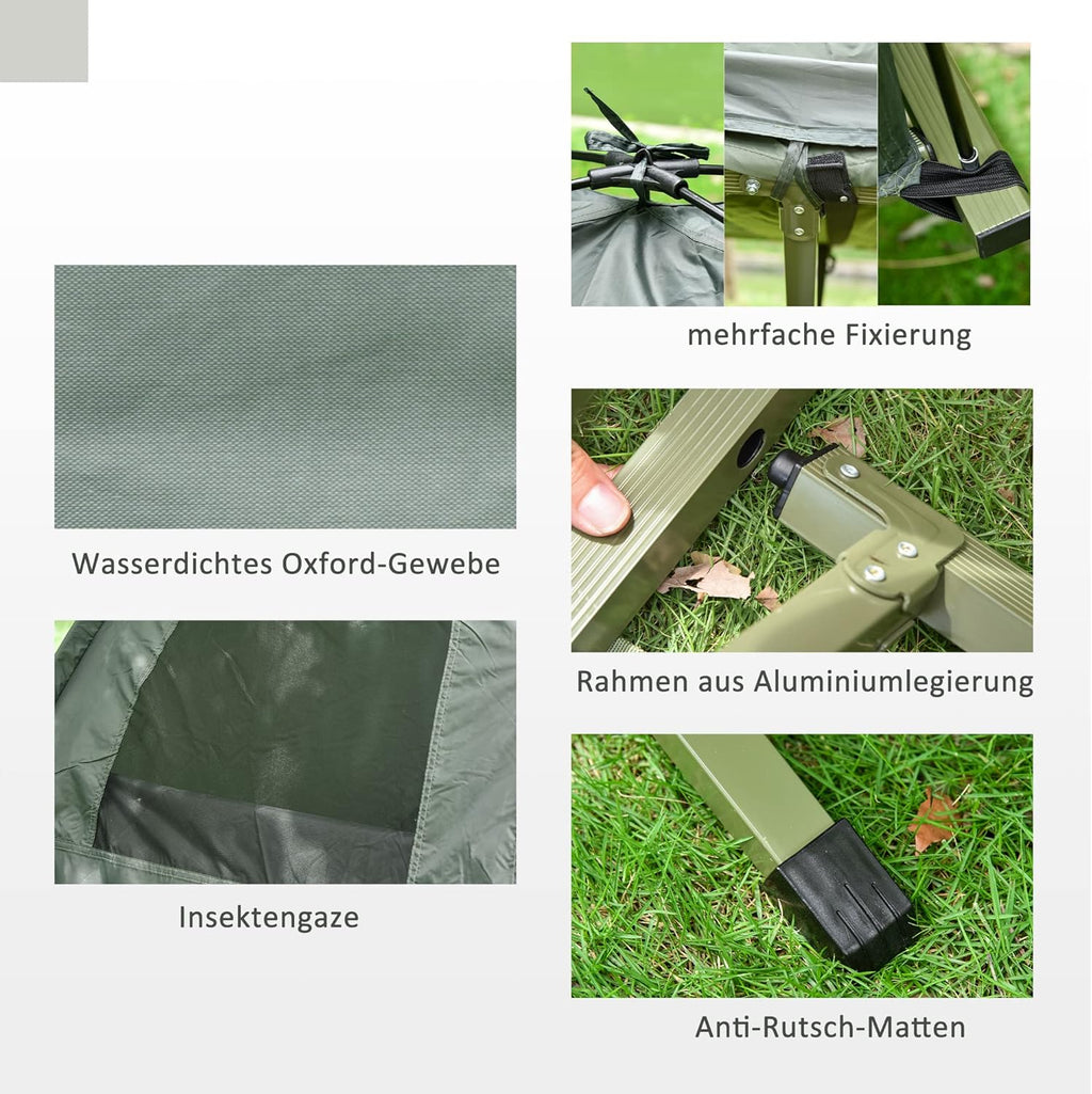 Outsunny Lettino da campeggio 4 in 1 Set da campeggio con tenda Sacco a pelo Materasso pieghevole, Verde scuro