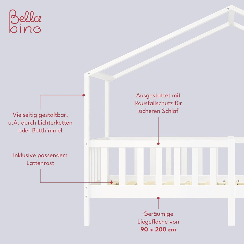 Bellabino Lettino per bambini Bia 140x200 cm, letto a capanna per bambini con protezione anticaduta e rete a doghe arrotolabile, letto a terra Montessori bianco in legno massello di pino