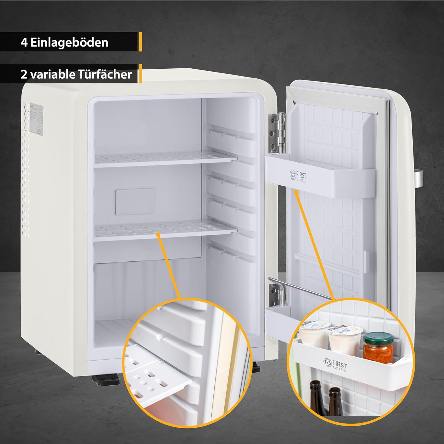 TZS First Austria lautloser Minikühlschrank | Retro Design | Einstellbare Kühlleistung | Türgriff |Thermoelektrisches Kühlsystem | 40L | creme