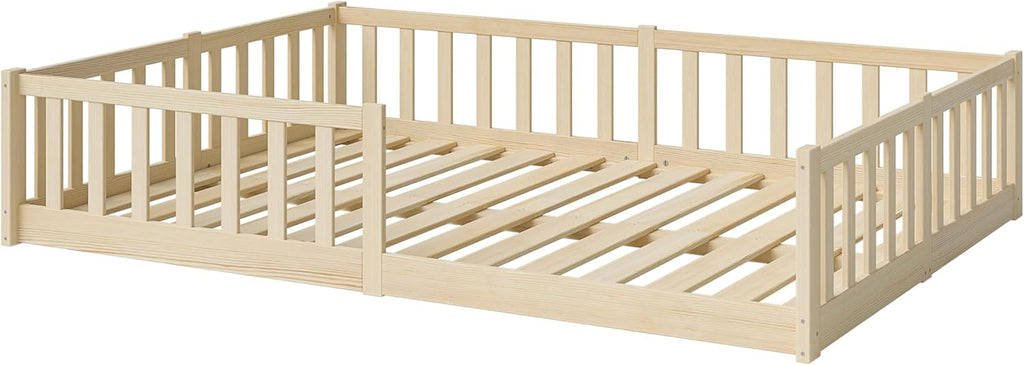 Bellabino Vere Letto a Pavimento 140x200 Montessori, Letto Matrimoniale con Protezione Anticaduta e Rete a Doghe, Letto per Bambini e Bambine in Legno Massello di Pino Bianco con Sbarre