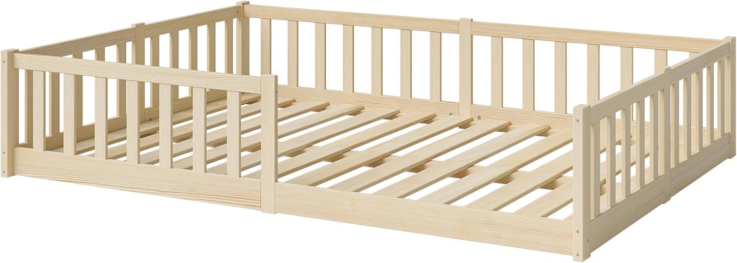 Bellabino Vere Letto a Pavimento 140x200 Montessori, Letto Matrimoniale con Protezione Anticaduta e Rete a Doghe, Letto per Bambini e Bambine in Legno Massello di Pino Bianco con Sbarre