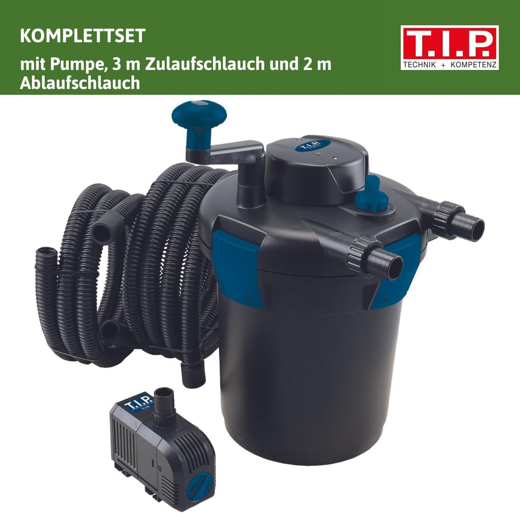 T.I.P. Filtro per laghetto - Set filtro a pressione per laghetto (capacità laghetto 5.000 l, portata 1.500 l/h, UV-C 9 Watt, funzione di controlavaggio integrata, inclusa pompa, lampada UV-C, tubi flessibili, materiale filtrante) TFP 5000 UV 9, 30297