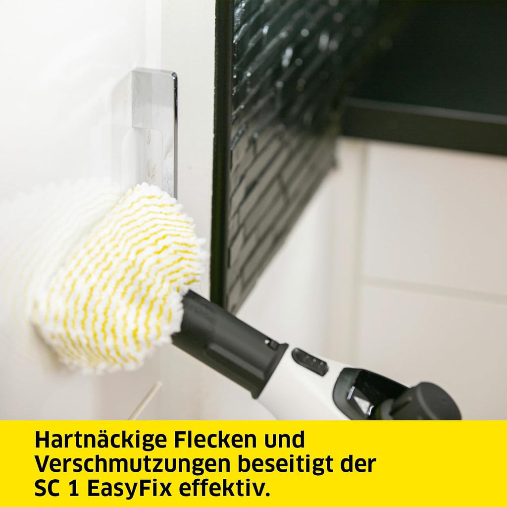 Kärcher Pulitore a vapore SC 2 EasyFix, pressione vapore: 3,2 bar, tempo di riscaldamento: 6,5 min., potenza: 1.500 W, copertura: 75 m², serbatoio: 1 l, con set per la pulizia del pavimento EasyFix, ugelli e panno in microfibra, bianco