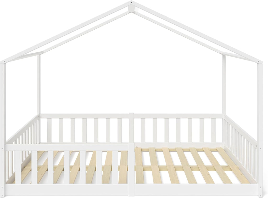 Bellabino Lettino per bambini Bia 140x200 cm, letto a capanna per bambini con protezione anticaduta e rete a doghe arrotolabile, letto a terra Montessori bianco in legno massello di pino