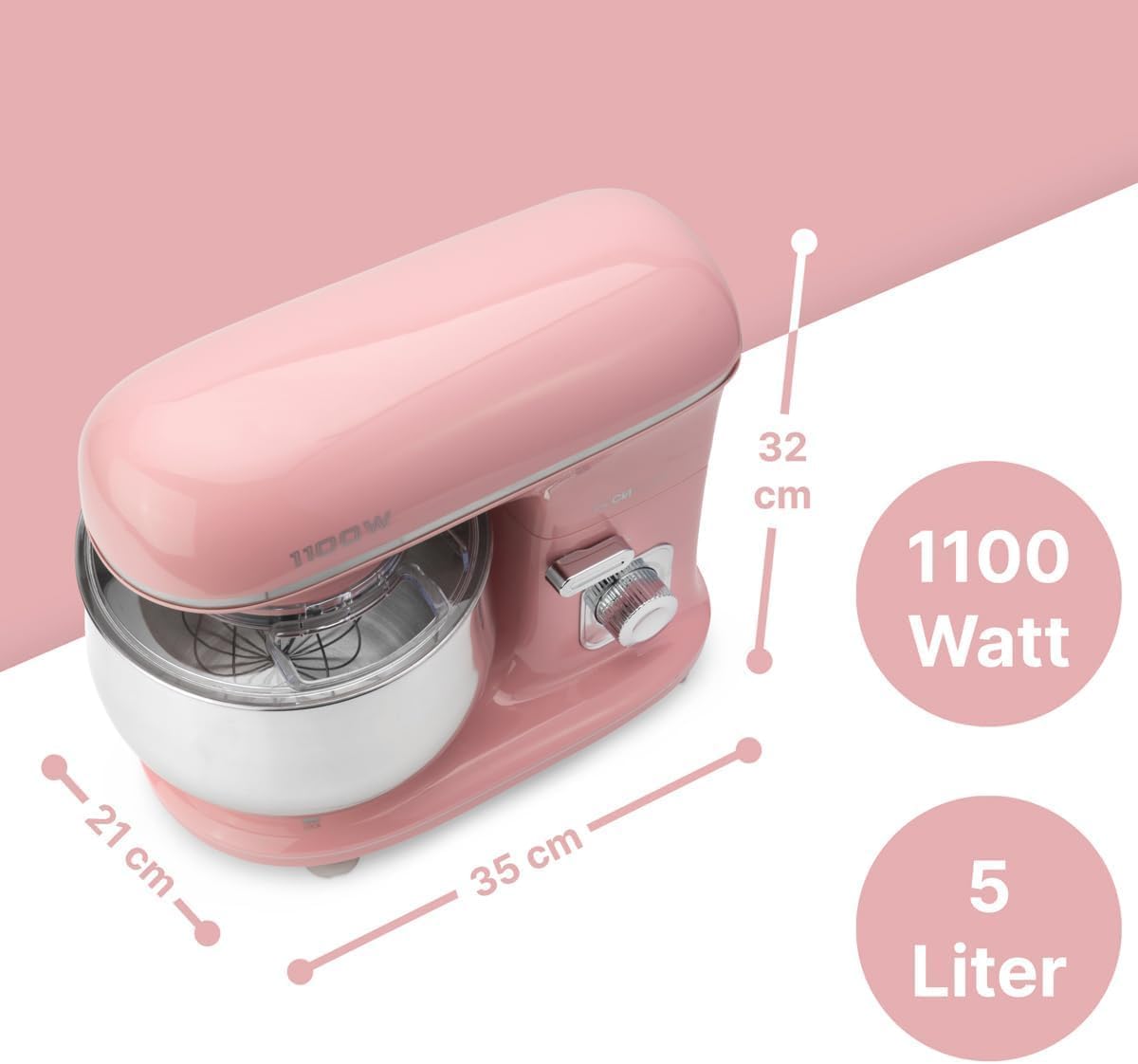 Clatronic Robot da Cucina retrò per impastare | Planetaria 5L con potente motore da 1100W | Impastatrice incluso gancio e frusta | Robot da cucina retrò con paraspruzzi e apertura di riempimento – KM 3711 rosa