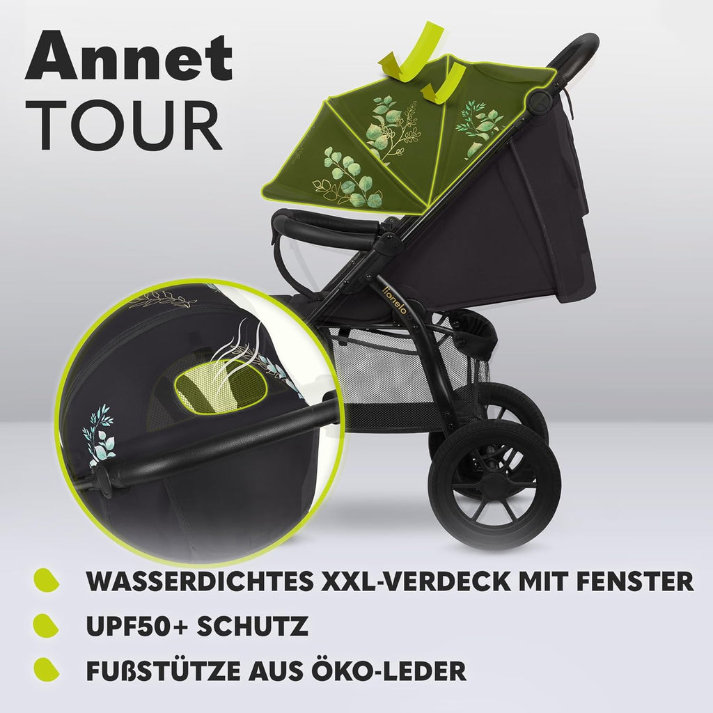 LIONELO Annet Buggy fino a 22 kg con funzione reclinabile, passeggino compatto richiudibile con accessori, ruote in schiuma EVA, zanzariera, coprigambe, portabevande, cestino (Golden Moments, Tour)