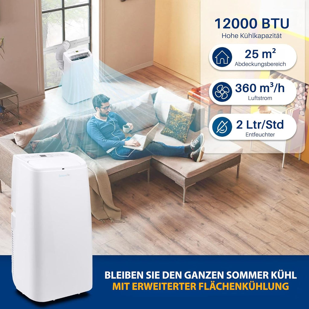SereneLife Climatizzatore portatile, dispositivo di raffreddamento ad aria mobile 3 in 1 con tubo di scarico - Refrigeratore ad aria, deumidificatore e ventilatore, climatizzatore 9.000 BTU, 1,5 L umidità/ora, raffredda ambienti fino a 42 m