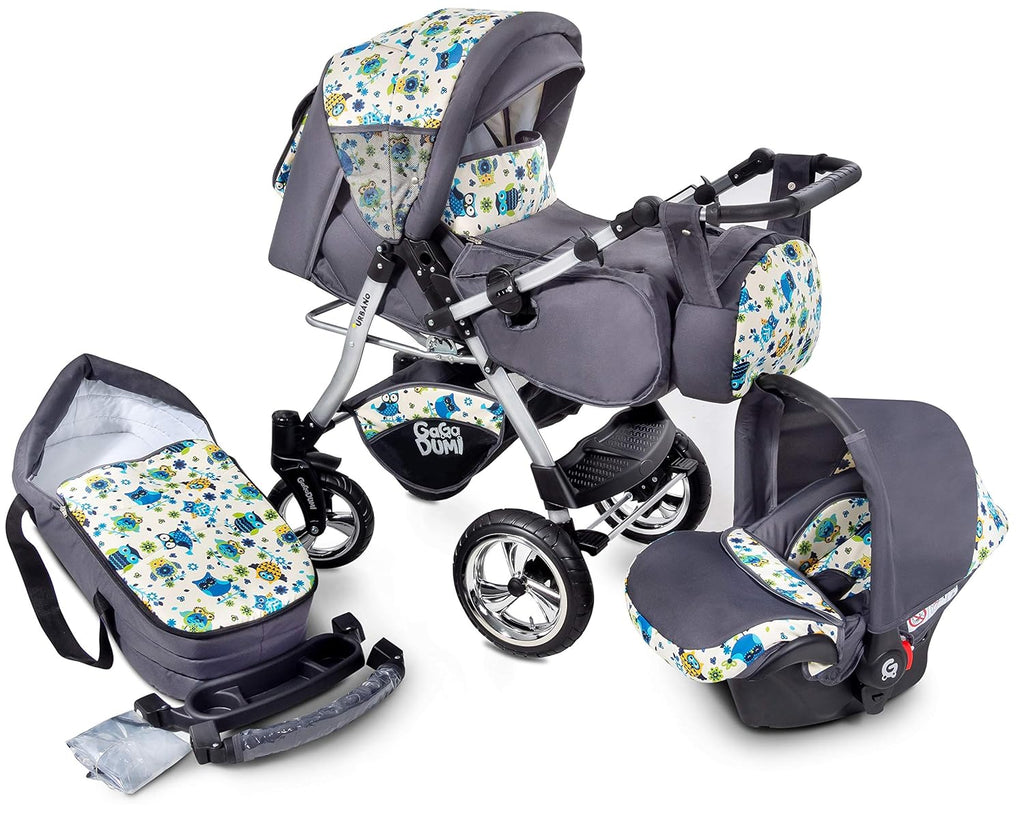 GaGaDumi Urbano Passeggino Combi 3 in 1 con Seggiolino Auto, Set Completo con Navicella, Passeggino, Borsa Fasciatoio, Parapioggia, Zanzariera, Pneumatici in Gomma Piena, Grigio/Motivo Gufo