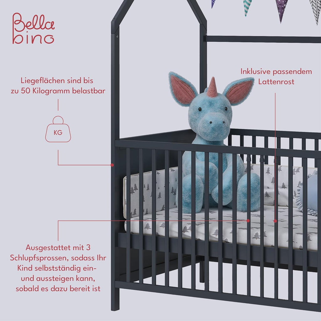 Bellabino Nika Lettino a capanna 70 x 140 cm, letto con sbarre e lettino a capanna per bambini e neonati in pino massiccio bianco, regolabile in altezza su 3 posizioni, incl. rete a doghe