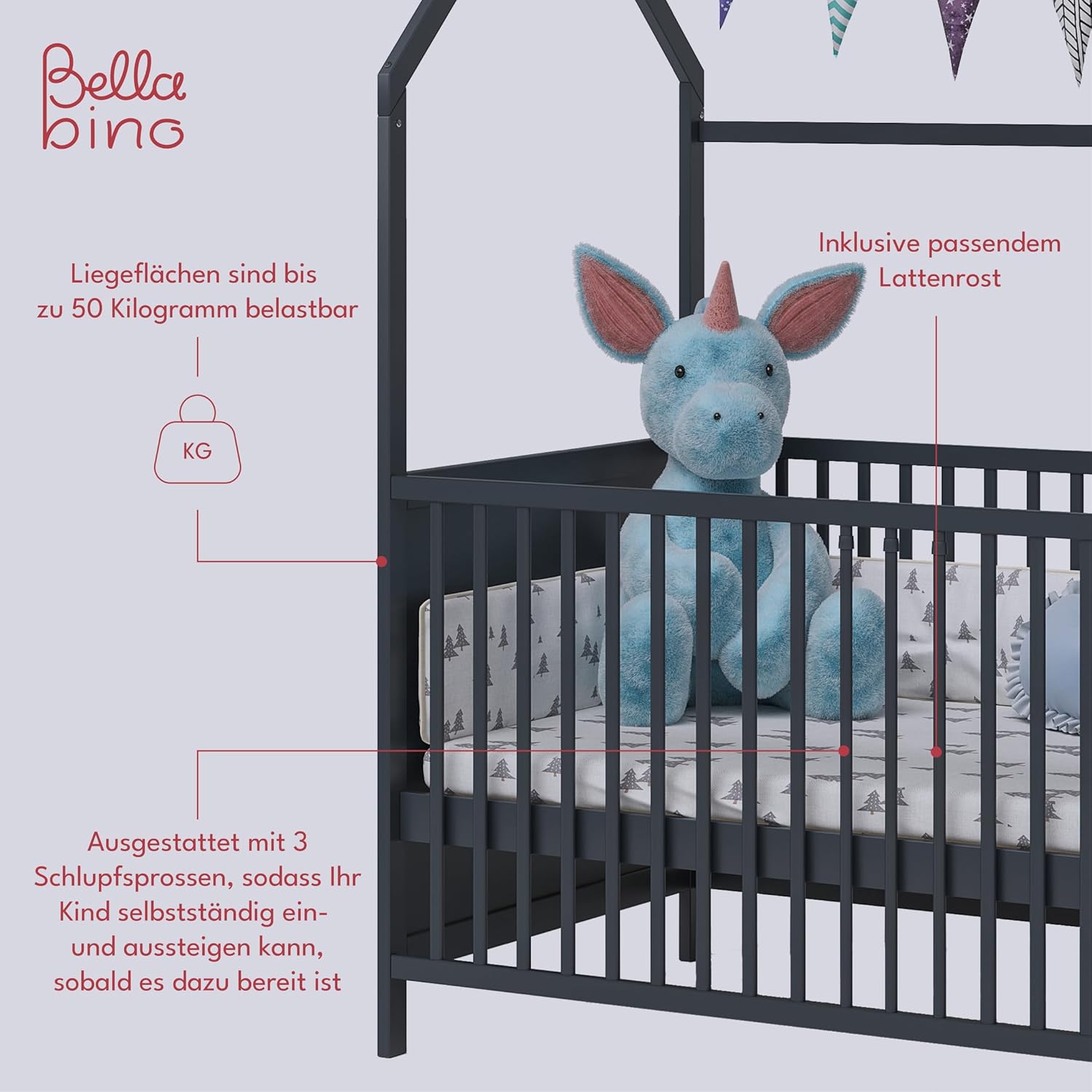 Bellabino Nika Lettino a capanna 70 x 140 cm, letto con sbarre e lettino a capanna per bambini e neonati in pino massiccio bianco, regolabile in altezza su 3 posizioni, incl. rete a doghe