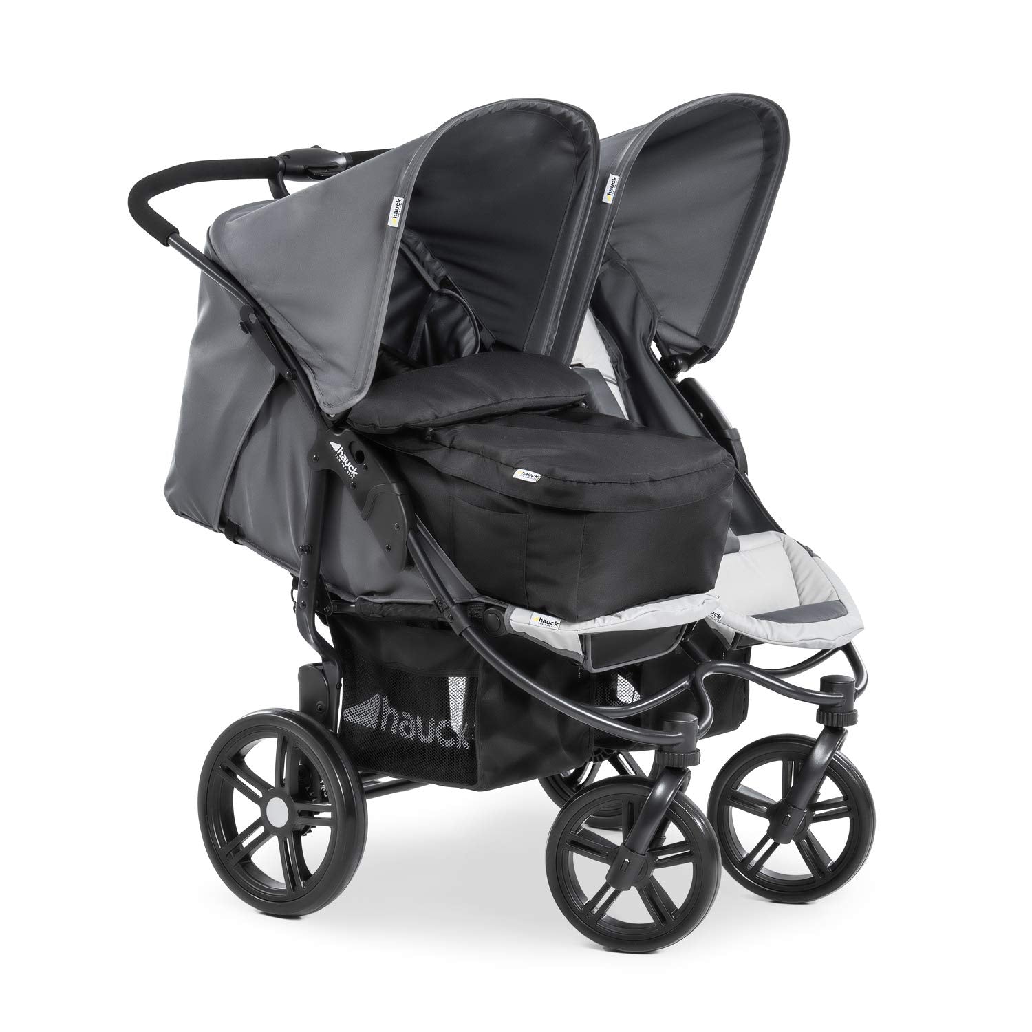 hauck Passeggino Gemellare Roadster Duo SLX, da Nascita a 15 kg (circa 3 anni) con Funzione Reclinabile, Cestino XL, Pieghevole Facile e Compatto, Ruote Grandi (Grigio/Argento)