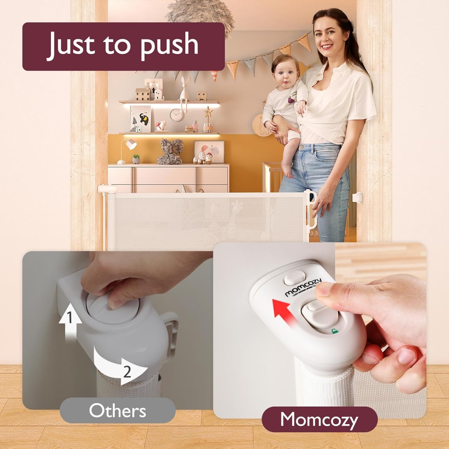 Momcozy Barriera di Sicurezza Retrattile per Bambini (Aggiornata), 0-140 cm, Altezza 83 cm, Cancello di Sicurezza Avvolgibile, Azionabile con Una Sola Mano, Adatta per Scale/Porte/Interno ed Esterno, Grigio