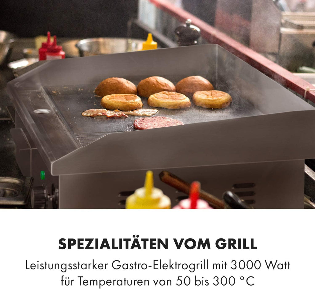 Klarstein Elektrogrill, Grillplatte, Elektrische Grillplatte, Tischgrill, Elektrogrill aus Edelstahl, Spritzschutz & Auffangbehälter, Glatte XL Grillfläche: 54,5x35 cm, Stufenlos 50-300 °C, 3000 Watt