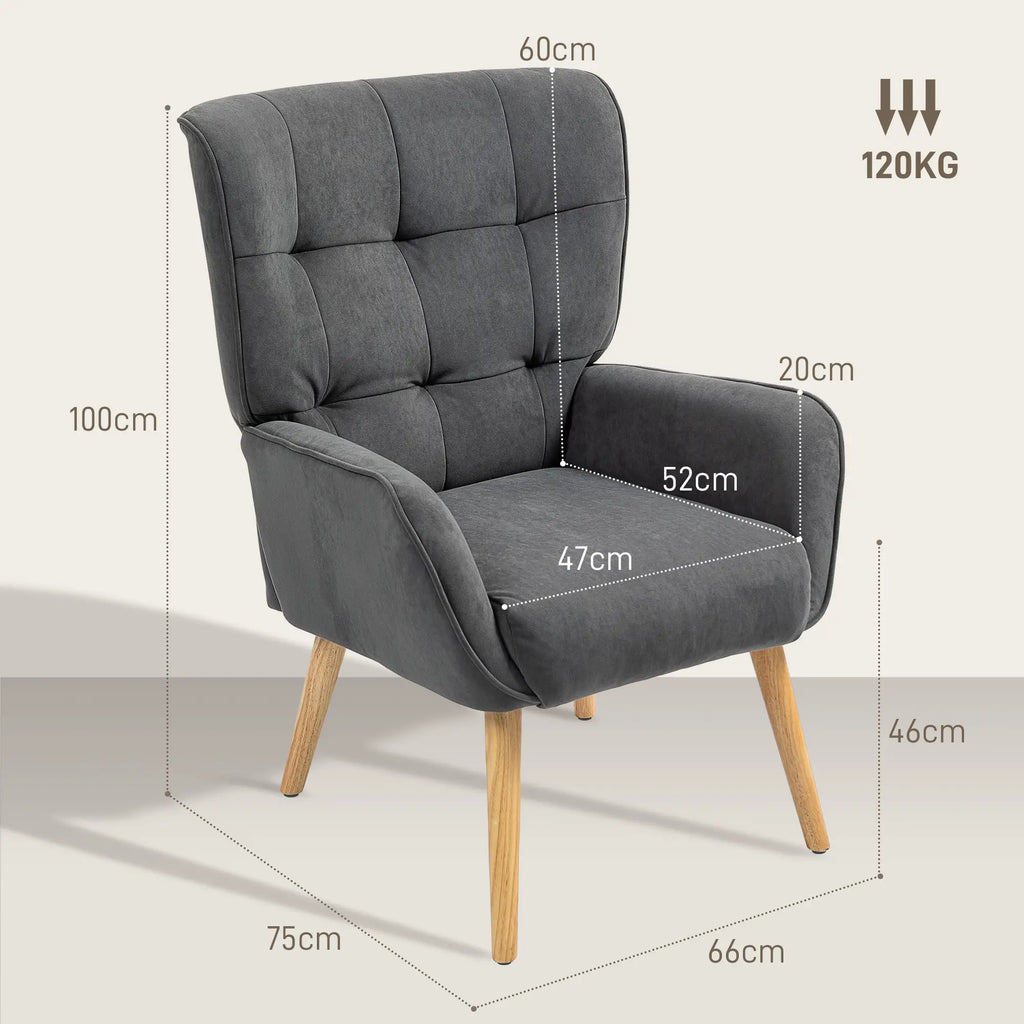 HOMCOM Poltrona imbottita per lounge, con trapuntatura confortevole, gambe in legno, velluto grigio