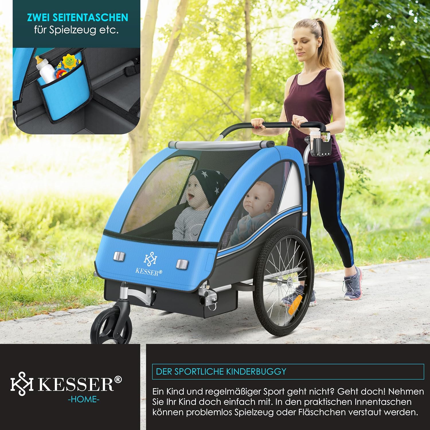 KESSER® Kinderfahrradanhänger Sport-RX 2in1 Jogger & Buggy 5-Punkt-Gurt Sicherheitsgurt 360° Vorderrad Kinderfahrradanhänger Reflektoren für 1-2 Kinder (max. 40 kg) Getränkehalter & Smartphonefach
