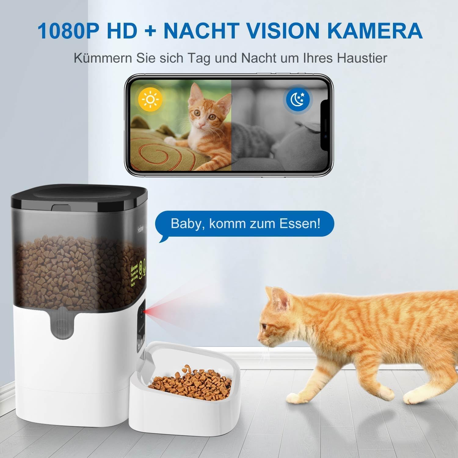 Balimo Futterautomat Katze mit HD 1080P Video, 2,4 G WLAN Katzenfutter Automat mit APP Steuerung und Nachtsicht, 4L futterspender Katze, Katzen Futterautomaten mit Edelstahlnapf, 8 Mahlzeiten pro Tag