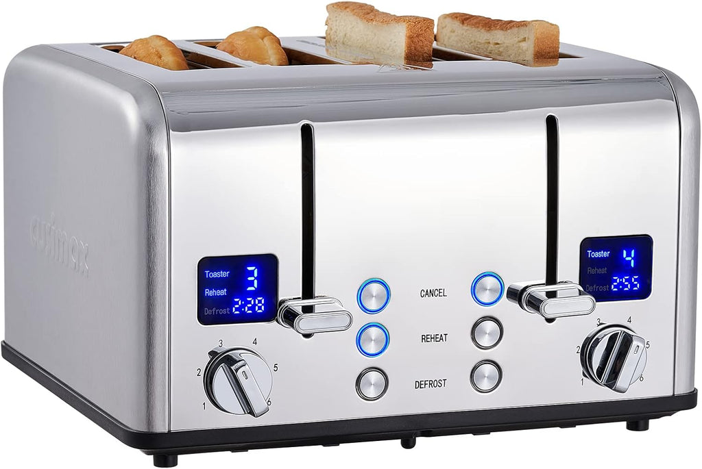 Tostapane 4 Fette, CUSIMAX Tostapane in acciaio inox con display a LED, 4 fessure extra larghe tostapane nero, 2 pannelli di controllo individuali con 6 livelli di doratura, funzione annulla, riscalda e scongela