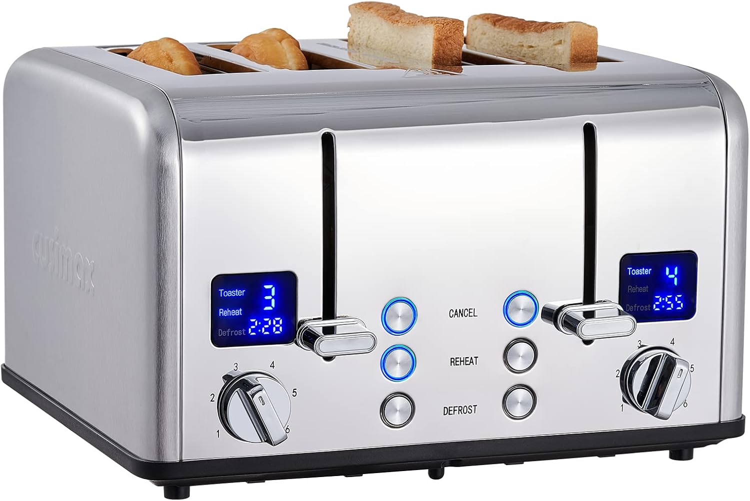 Tostapane 4 Fette, CUSIMAX Tostapane in acciaio inox con display a LED, 4 fessure extra larghe tostapane nero, 2 pannelli di controllo individuali con 6 livelli di doratura, funzione annulla, riscalda e scongela