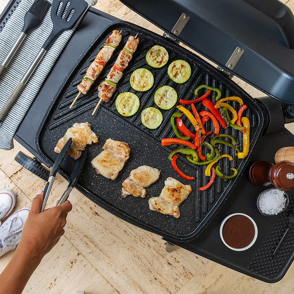 Cecotec Elektrischer Grill Perfect Country 2000 EasyMove. 2000 W, Mix- und Antihaft-Oberfläche, klappbarer Deckel, einstellbares Thermostat, Fettauffangschale, Stahlbeine und Räder