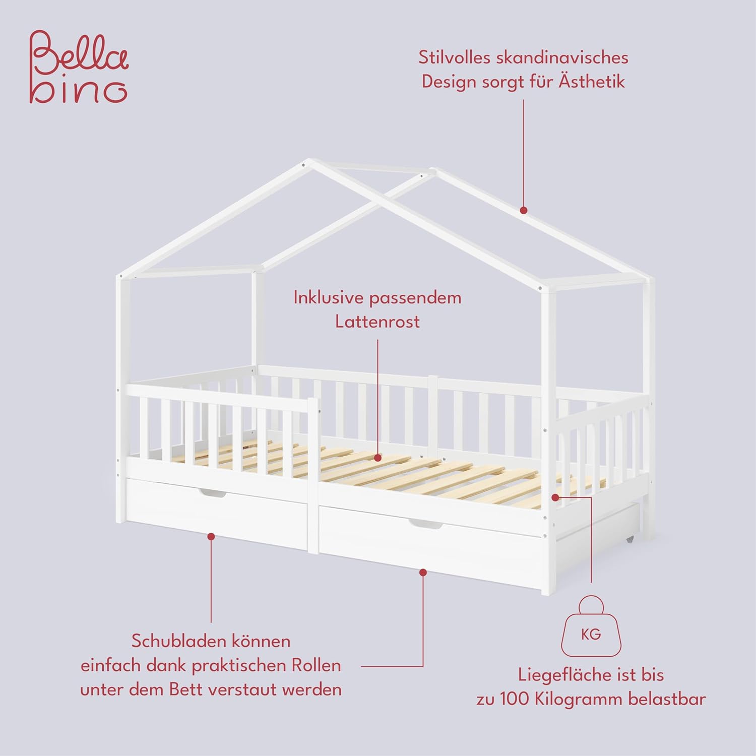 Bellabino Lettino per bambini Bia 140x200 cm, letto a capanna per bambini con protezione anticaduta e rete a doghe arrotolabile, letto a terra Montessori bianco in legno massello di pino