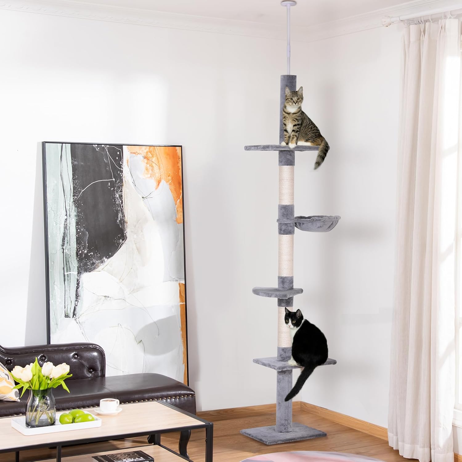 PawHut Katzenbaum mit Laufrad 4-Stock Kratzbaum Katzenhaus mit Sisalsäulen Katzenhöhle Kiefernholz Natur 80 x 50 x 143 cm