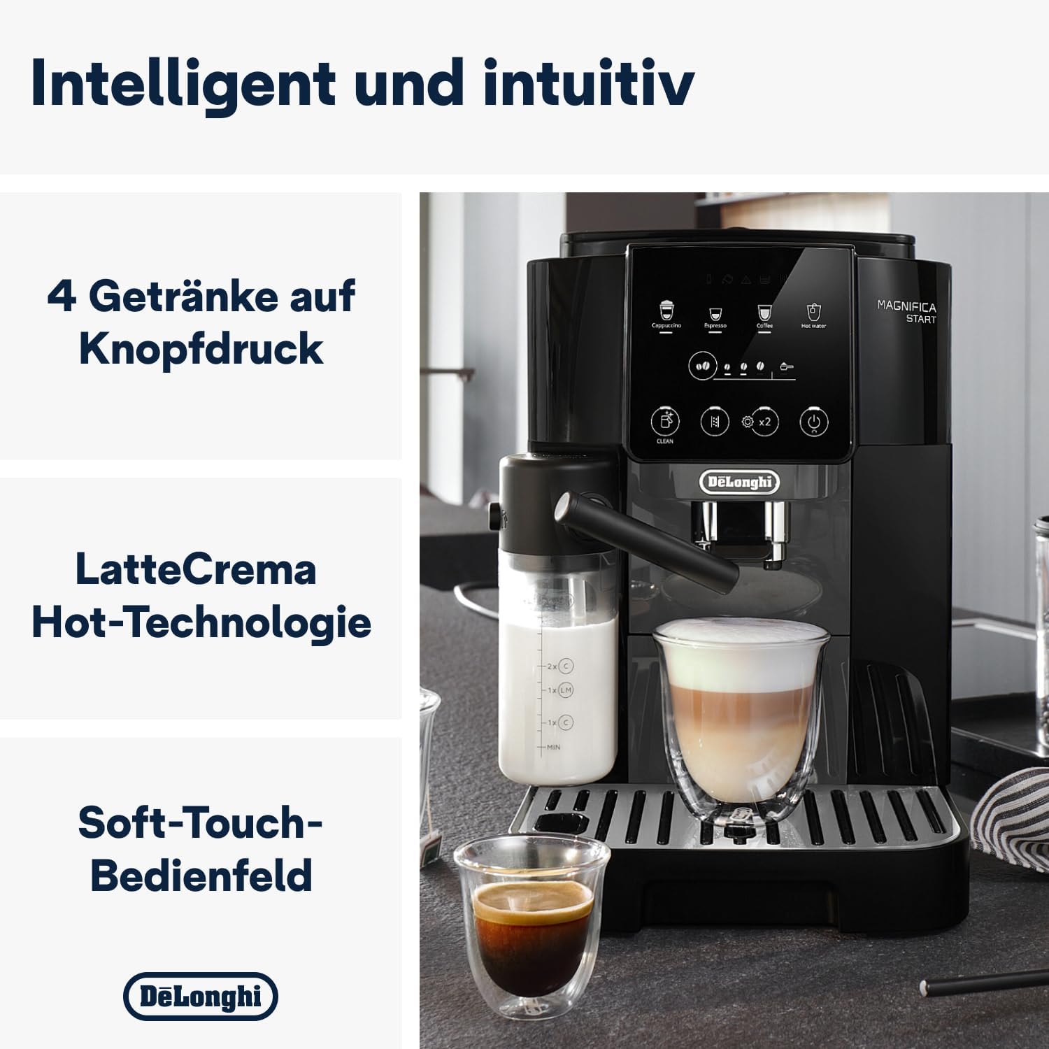 De'Longhi Magnifica Start ECAM222.60.BG, Macchina da Caffè Automatica con Sistema LatteCrema per Cappuccino Automatico, 4 Tasti di Selezione Diretta, Pannello di Controllo Soft-Touch, Funzione x2, 1450W, Nero/Grigio