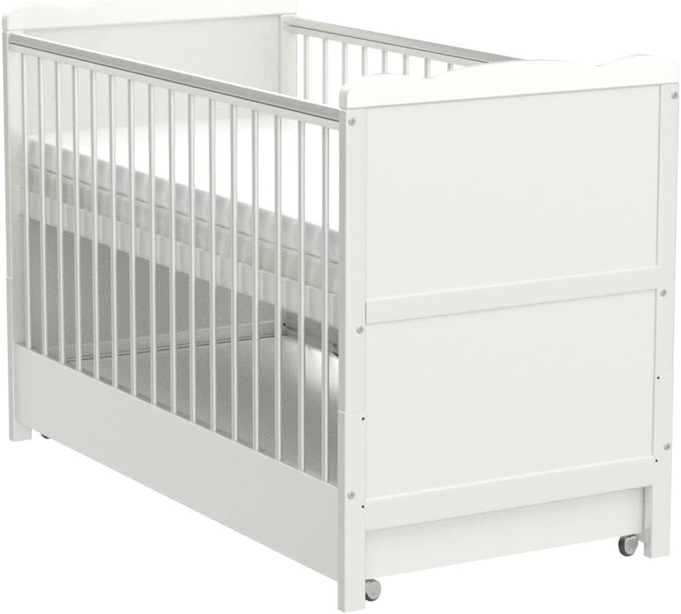 Marsell Lettino per bambini con cassetti con coperchio Lettino per bambini con materasso in schiuma Aloe Vera, protezioni per i denti regolabili in altezza, Bianco, trasformabile in lettino per ragazzi