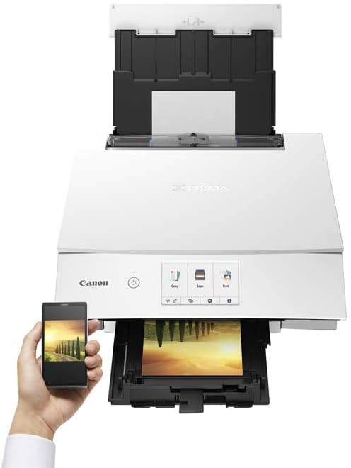 Canon PIXMA TS8351a Stampante multifunzione a getto d'inchiostro a colori DIN A4 (scanner, fotocopiatrice, 4.800 x 1.200 dpi, 6 inchiostri separati, USB, WLAN, AirPrint, stampa fronte/retro, 2 alimentatori carta, 5 GHz), bianco