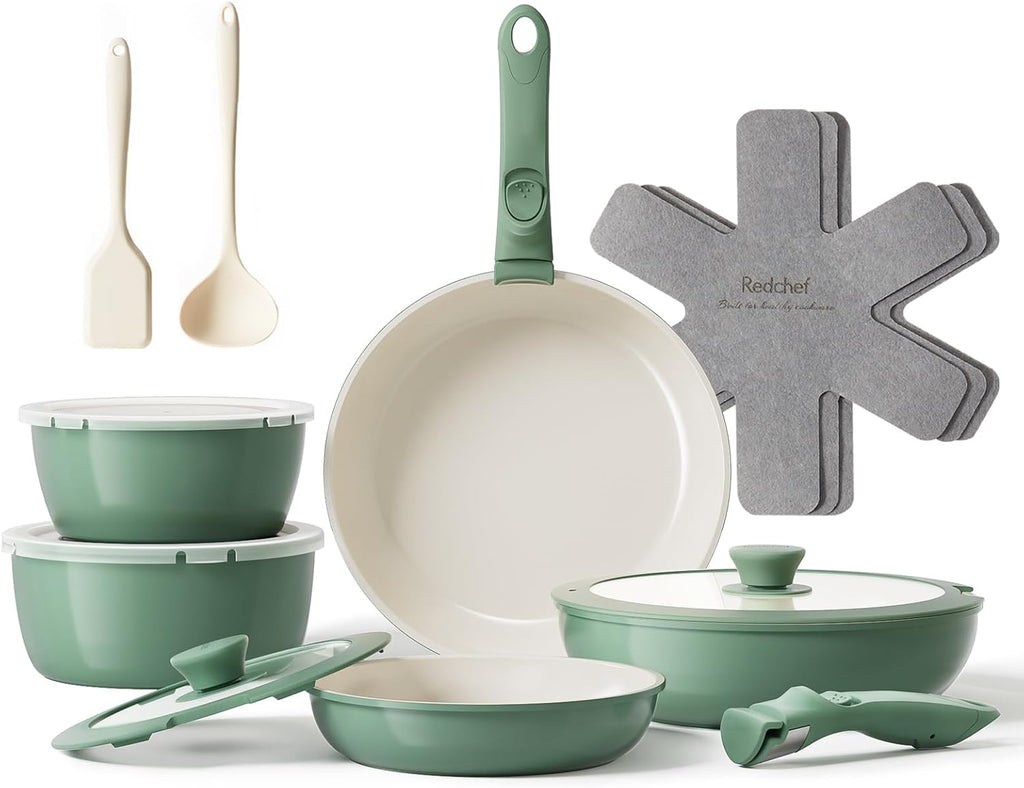 Redchef Topfsets Pfannenset 16-Teilig Antihaft-Keramik-Kochgeschirr-Set mit Abnehmbaren Griffen, Pfanne 20/26cm, Tiefe Bratpfanne 26cm, Topf 18/20cm, Stapelbar Topfset Für alle Herdarten, Ofenfest