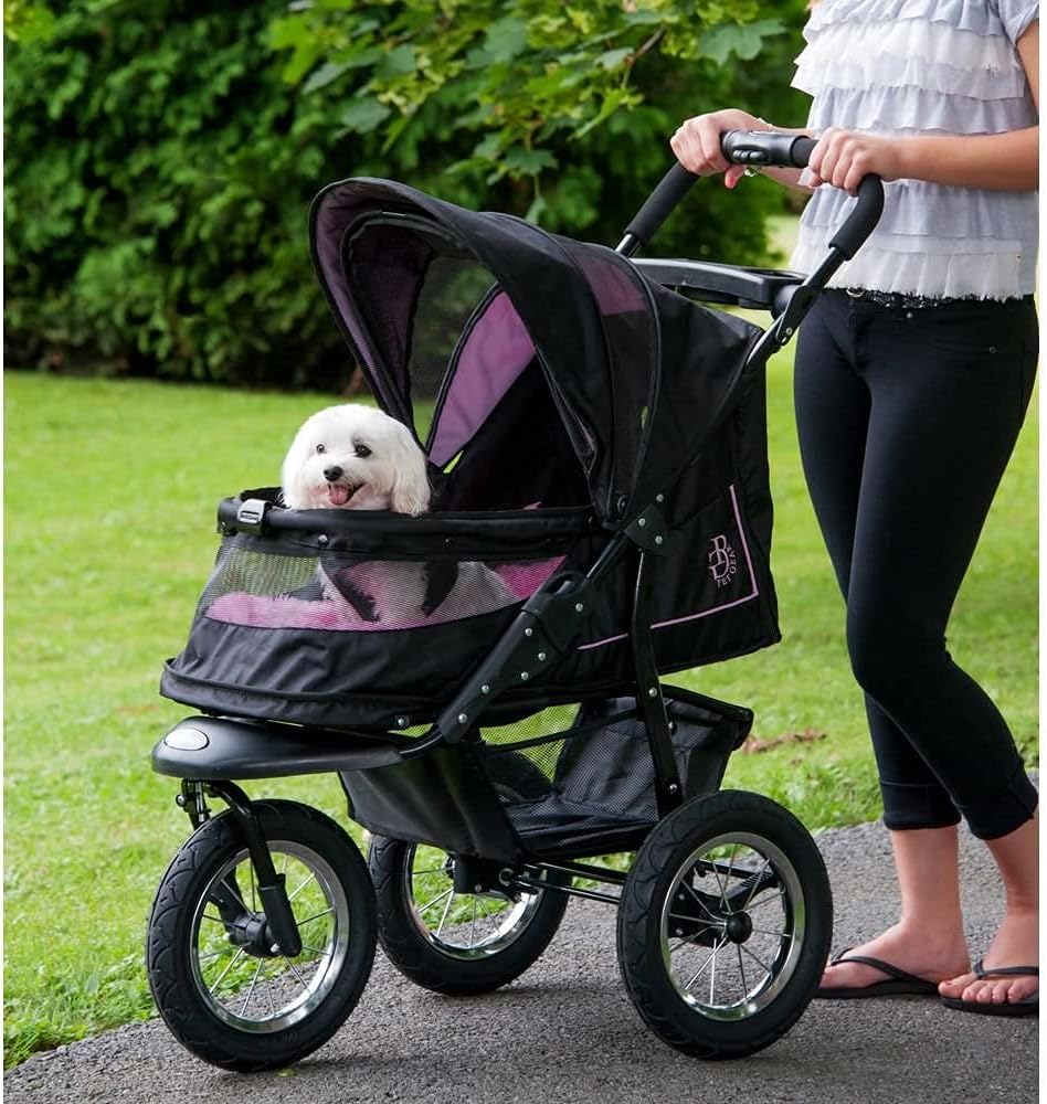 Passeggino per animali domestici No-Zip NV per cani/gatti, ingresso senza cerniera, facile chiusura con una mano, pneumatici con riempimento in gel, imbottitura in peluche + copertura antipioggia inclusi, 3 colori