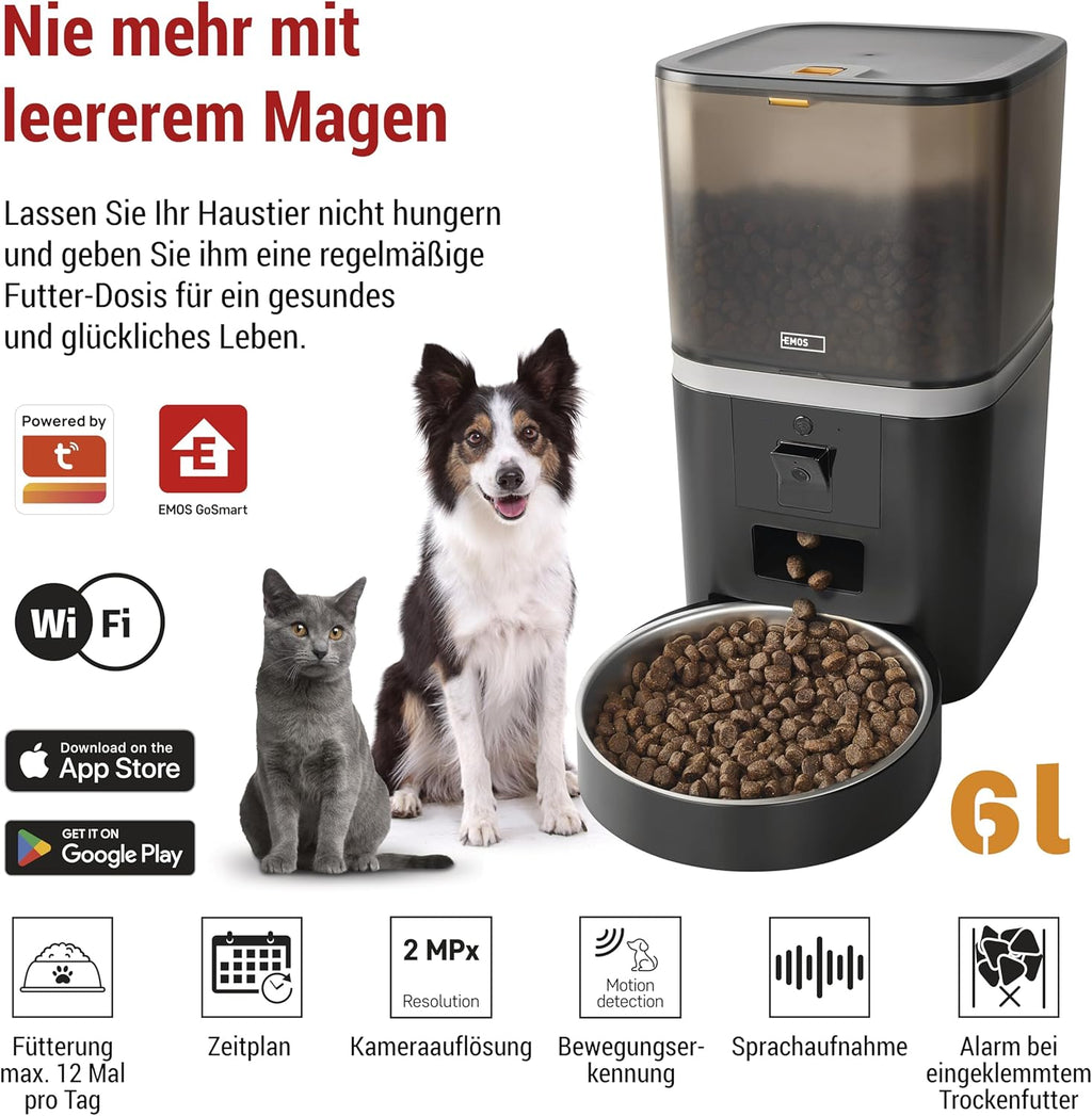 EMOS - GoSmart Futterautomat 6 l mit Kamera - WLAN Pet Care Futterspender mit App - Trockenfutter Automat für Katze & Hund mit Zeitplan, Sprachaufzeichnung, Dosierung 1–12 Mahlzeiten pro Tag - Schwarz
