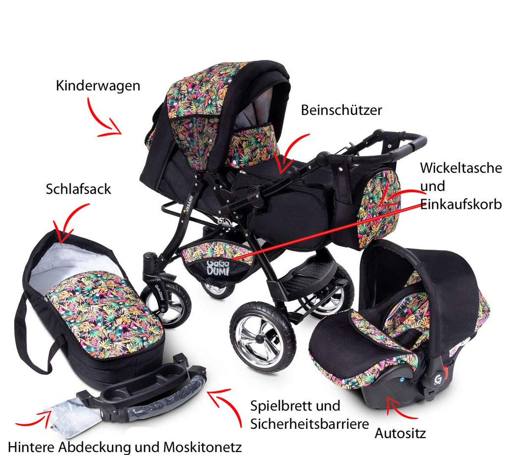 GaGaDumi Urbano Passeggino Combi 3 in 1 con Seggiolino Auto, Set Completo con Navicella, Passeggino, Borsa Fasciatoio, Parapioggia, Zanzariera, Pneumatici in Gomma Piena, Grigio/Motivo Gufo