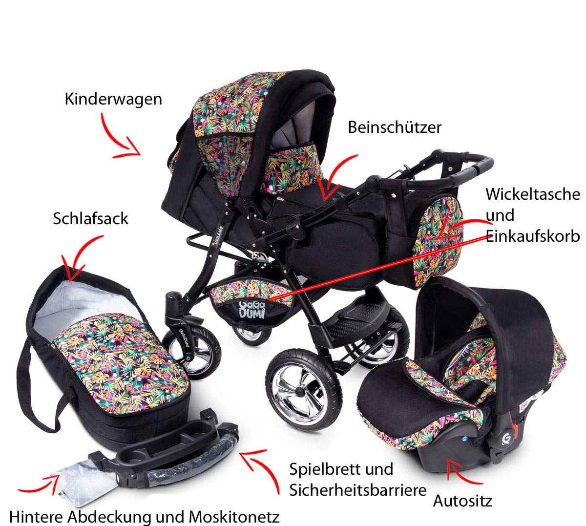 GaGaDumi Urbano Passeggino Combi 3 in 1 con Seggiolino Auto, Set Completo con Navicella, Passeggino, Borsa Fasciatoio, Parapioggia, Zanzariera, Pneumatici in Gomma Piena, Grigio/Motivo Gufo