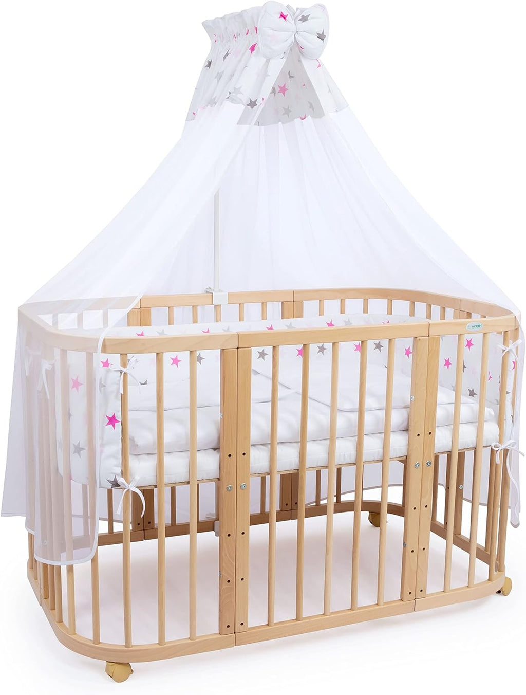 Waldin Lettino per bambini in legno 7in1 con materasso, Letto "Cresci con me", Ventilato, Base regolabile in 5 altezze, Set All-Inclusive, Legno Bianco