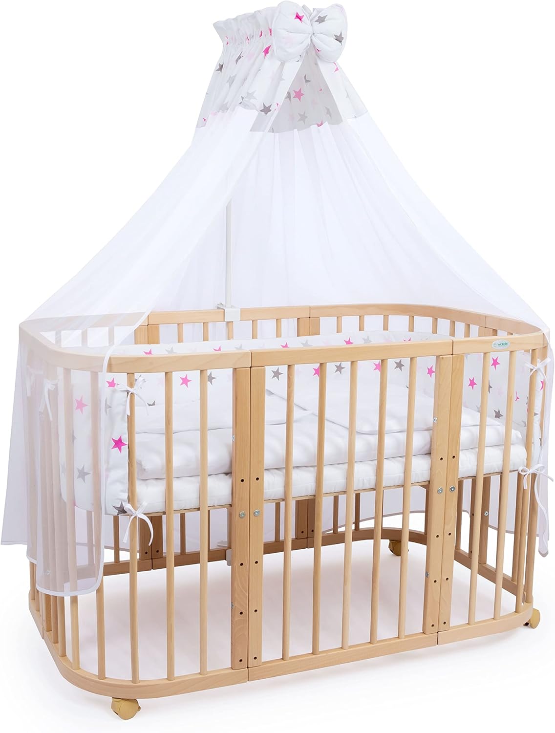 Waldin Lettino per bambini in legno 7in1 con materasso, Letto "Cresci con me", Ventilato, Base regolabile in 5 altezze, Set All-Inclusive, Legno Bianco