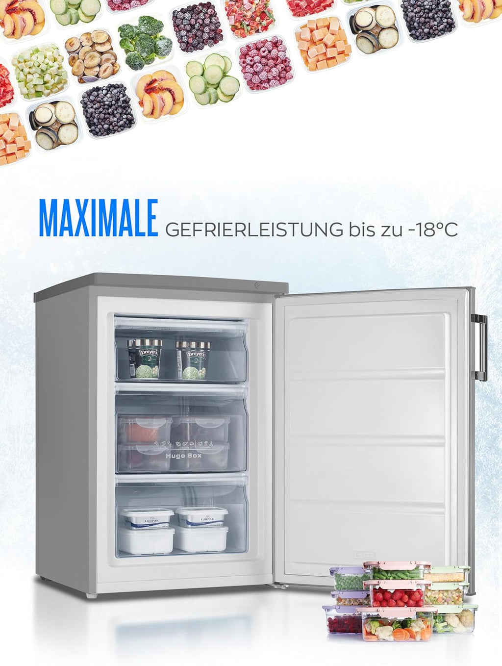 Congelatore Heinrich 61 litri -18°C, 3 cassetti congelatore, regolatore temperatura a 7 livelli, Airflow, porta reversibile, bianco