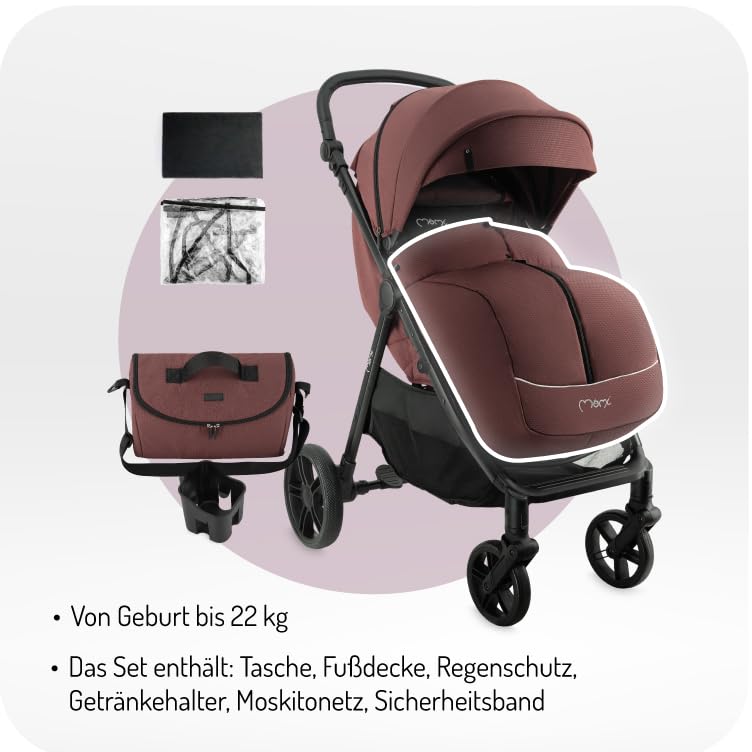 MoMi Passeggino CLARA, Passeggino dai 6 mesi in su, fino a 22 kg di peso corporeo, cintura di sicurezza a 5 punti, sacco coprigambe, portabicchieri, cestino della spesa, borsa per il cambio, zanzariera e parapioggia