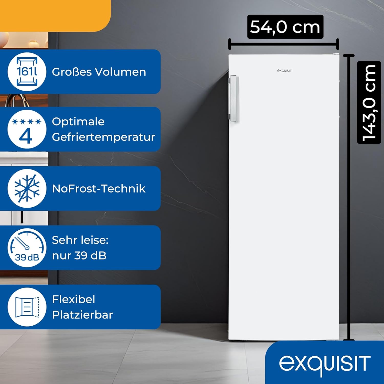 Exquisit Gefrierschrank NoFrost, Tiefkühlschrank groß, 161 Liter, Schnellgefrieren, Alarm-Funktion, GS5231-NF-H-040C weiss