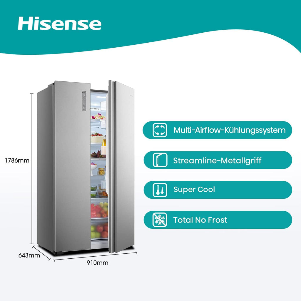 Hisense RS677N4BFD Frigorifero Americano Side by Side / Compressore Inverter / Porta Bottiglie / 2 FreshZone / Vano Verdure / Capacità Frigo 334 L / Capacità Congelatore 185 L / 41 dB / 247 kWh all'anno, Nero