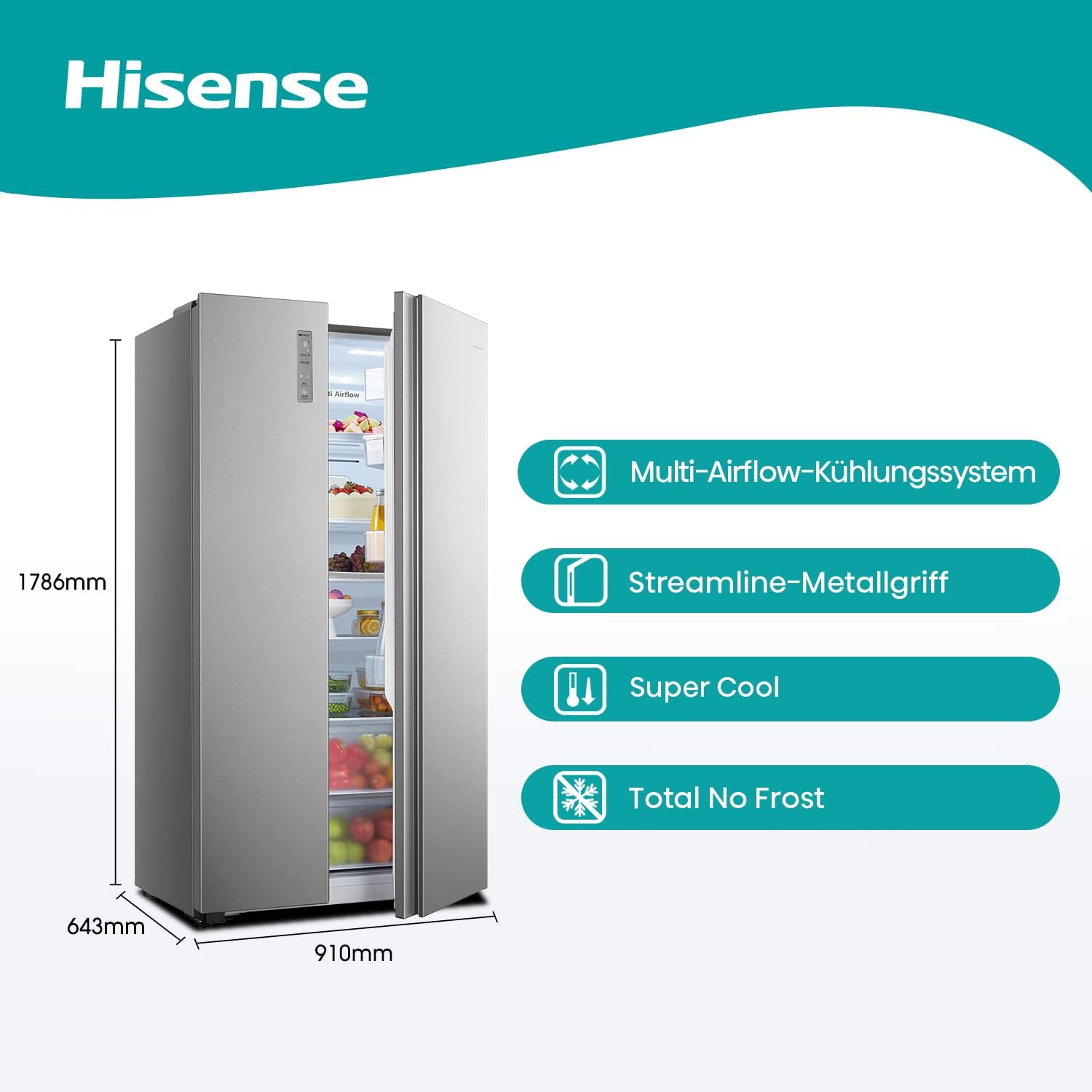 Hisense RS677N4BFD Frigorifero Americano Side by Side / Compressore Inverter / Porta Bottiglie / 2 FreshZone / Vano Verdure / Capacità Frigo 334 L / Capacità Congelatore 185 L / 41 dB / 247 kWh all'anno, Nero